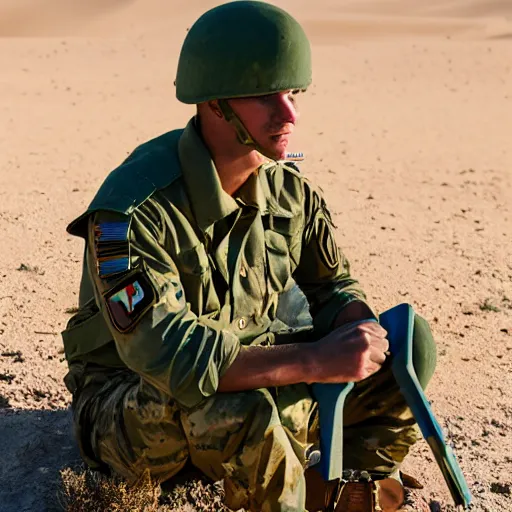 Image similar to portrait of a soldier sitting in the desert eating some crayons, beautiful composition, 5 0 mm f 1. 8, ambient light