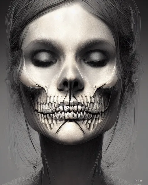 Image similar to Portrait of a woman with a skeletal hand on her face, digital art by DZO Oliver and Alex Nino and Randy Ortiz, intricate, elegant, highly detailed, digital painting, artstation, concept art, smooth, sharp focus, illustration