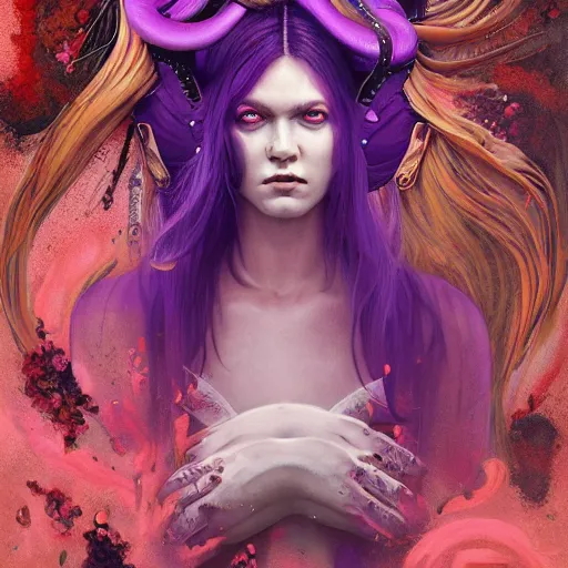 Image similar to art portrait of a furious girl with purple tentacles on her head, 8 k, by tristan eaton, stanley artgermm, tom bagshaw, greg rutkowski, carne griffiths, trending on deviantart, face enhance, hyper detailed, full of colour,