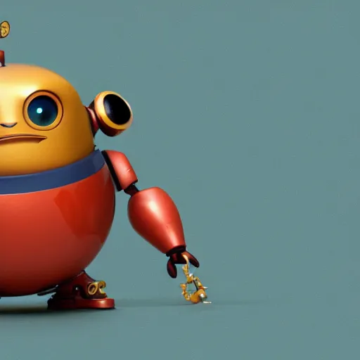 Image similar to a small chubby bot, colourful, smooth panelling, large gold eye intricate detail, style of cute pokemon, with damaged rusty arms, broken antenna, recycled, floating, white studio, oil, mechanical, cute toy, with an insect on its head, ambient light, in the style of pixar animation, pokedstudios, blender, octane render, 8 k,