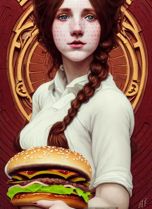 Image similar to close up portrait of wendy thomas, pale young woman with freckles and pigtails, baroque hamburgers, fast food imagery by artgerm, cushart krenz, greg rutkowski, mucha. art nouveau. gloomhaven, golden arches logo, pale colors, sharp edges. ultra clear detailed. 8 k. elegant, intricate, octane render