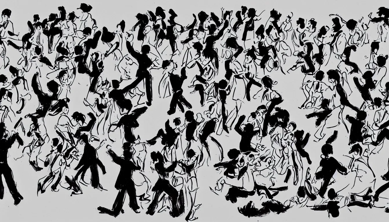 Prompt: dance party in traditional chinese ink brush