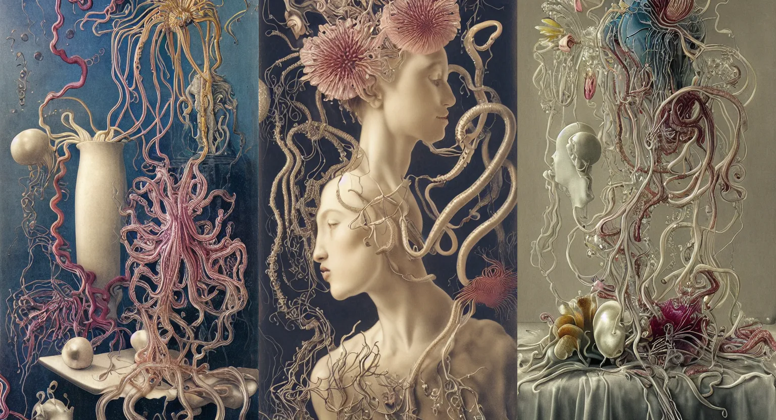 Prompt: ultradetailed flash photo of still life with jelly flowers by Ernst Haeckel, Caravaggio, Jean Delville, Amano, Yves Tanguy, Edward Robert Hughes, Roger Dean, rich moody colours, beautiful drapes, vases and a plaster bust with beautiful woman face, slime and tentacles, wide angle, minimalistic cinematic composition, octane render, bokeh, unreal engine, 4k 3d render