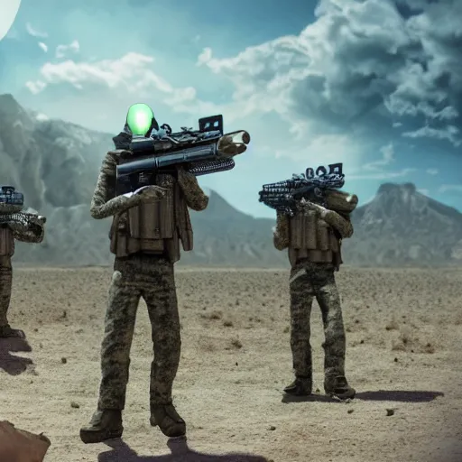 Prompt: alien standing in a desert with soldiers pointing guns at it, high quality, highly detailed