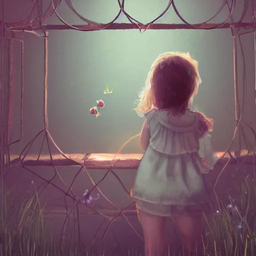 Prompt: child within a cage looking at a flower in hope, ethereal, solid edges, artstation - n 8