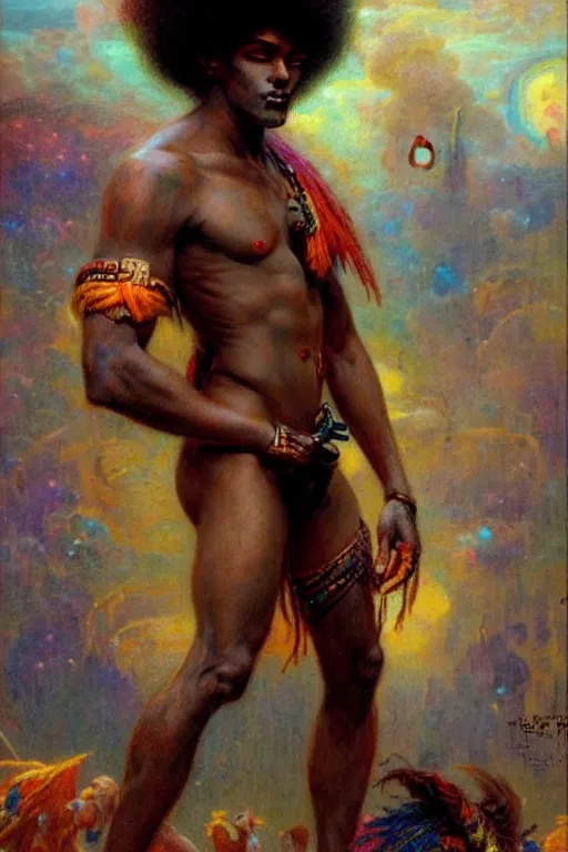 Image similar to attractive male, character design, colorful, afrofuturism, painting by gaston bussiere