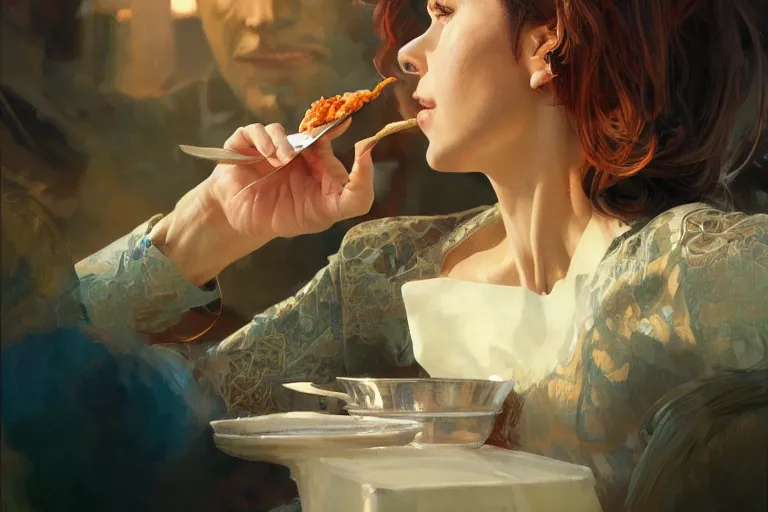 Prompt: photography of saul goodman eating, deep focus, intricate, elegant, highly detailed, digital painting, artstation, concept art, matte, sharp focus, illustration, art by artgerm and greg rutkowski and alphonse mucha