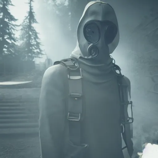 Image similar to hooden villain wearing a gas mask with smoke coming out of his body, unreal engine 5, ultra realistic, detailed, fog,