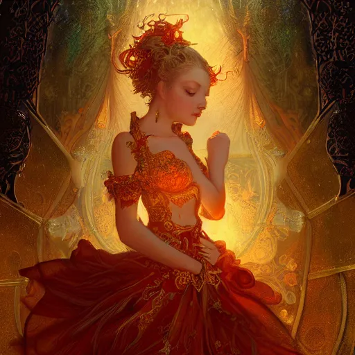 Prompt: tarot card artstation, portrait of a love dancer, sunrise, Baroque ornamnet and Rococo ornament, ancient chinese ornate ,hyperdetailed,beautiful lighting,craig mullins, mucha, klimt, Yoshitaka Amano, red and gold and orange color palatte