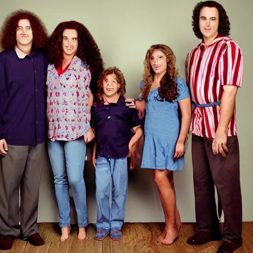 Image similar to a family of mom, dad, 3 kids and they all have the face of weird al yankovic