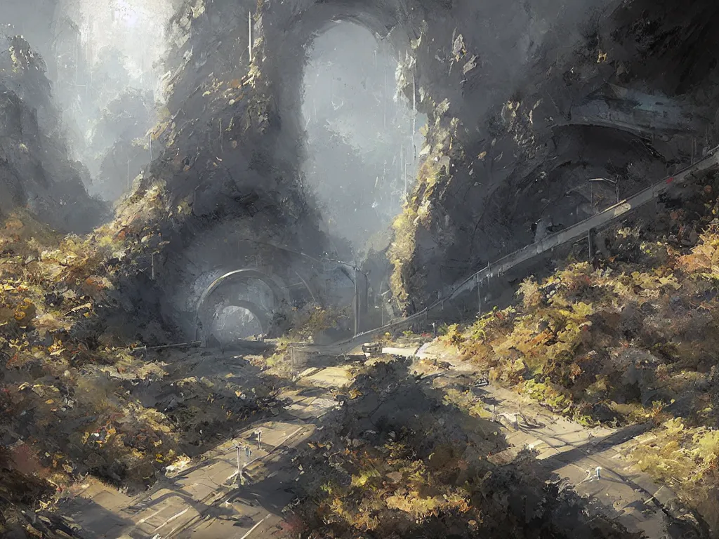 Prompt: highway leading into tunnel at the tip of the fingers of a gigantic hand overgrown, craig mullins