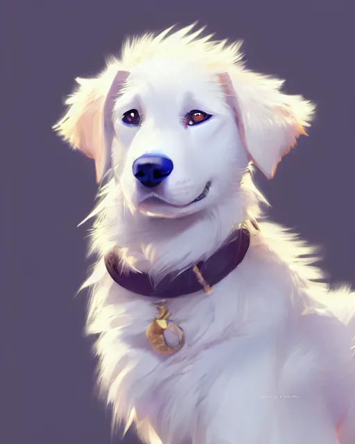 Image similar to character concept art of an anime white golden retriver | | cute - face, fine details by stanley artgerm lau, wlop, rossdraws, james jean, andrei riabovitchev, marc simonetti, and sakimichan, tranding on artstation