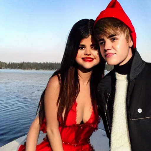 Image similar to justin bieber and selena gomez at a lake during christmas