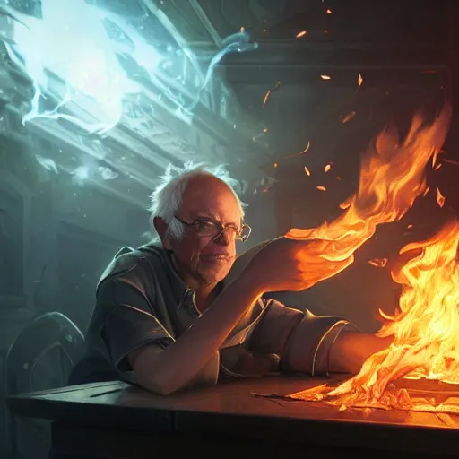 Image similar to portrait of bernie sanders burning money, league of legends amazing splashscreen artwork, splash art, natural light, elegant, photorealistic facial features, intricate, fantasy, detailed face, atmospheric lighting, anamorphic lens flare, cinematic lighting, league of legends splash art, hd wallpaper, ultra high details by greg rutkowski