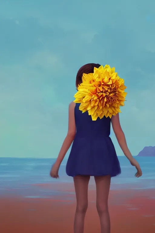 Image similar to closeup girl with huge yellow dahlia flower face, on the beach, surreal photography, blue sky, sunrise, dramatic light, impressionist painting, digital painting, artstation, simon stalenhag