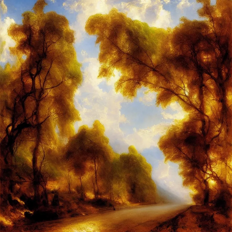 Prompt: artwork of the atmospheric indie album titled :'la route qui relativise tous nos doutes ', painted by thomas moran.