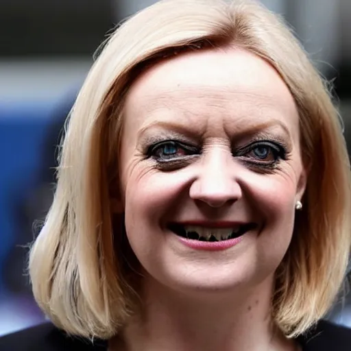 Prompt: A photo of reptilian, snake eyes, slit pupils, metallic scales, Liz Truss