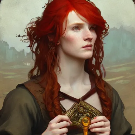 Image similar to portrait of a redhead human bard in a medieval tabern, joyful, fantasy, highly detailed, digital painting, artstation, concept art, character art, art by greg rutkowski and tyler jacobson and alphonse mucha