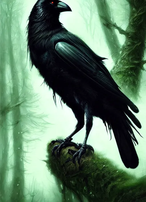 Image similar to side portrait dark crow (animal), close-up, fantasy forest landscape, moonshine, fantasy magic, nice black feather, proud, green dark light night, intricate, elegant, sharp focus, illustration, highly detailed, digital painting, concept art, matte, art by WLOP and Artgerm and Greg Rutkowski and Eddie Mendoza, masterpiece