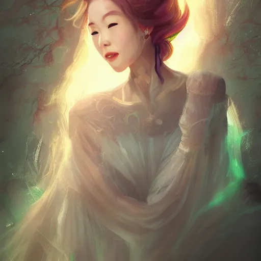 Prompt: Portrait of a beautiful ghost princess in a haunted mansion, by Michelle Fus, incredible quality, trending on artstation