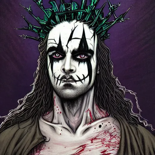 Image similar to Full-body detailed print of man wearing corpse paint and a crown on thorns with long black hair, tears of blood. Wide angle shot at night. Artwork by Junji Ito and dan Mumford