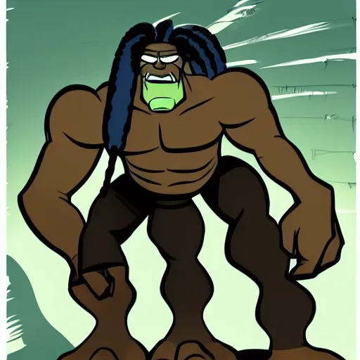 Image similar to black hulk with dreadlocks, cartoon drawing, meme