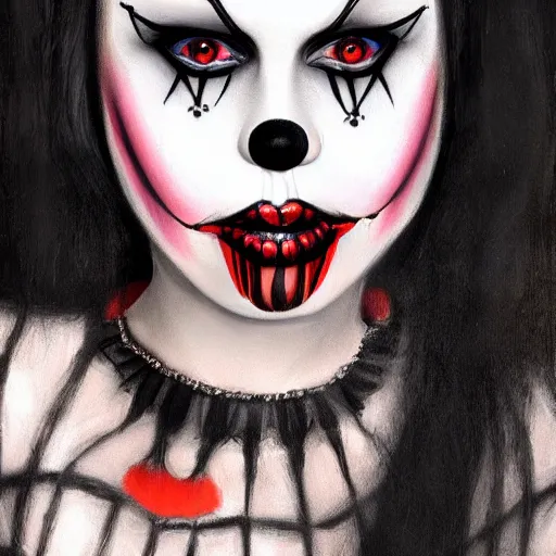 Prompt: goth clown girl, painting, highly detailed, artstation, realistic, beautiful, attractive