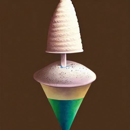 Prompt: Hyperrealistic symmetric painting of a levitating mirror-flavored ice cream cone filled with a huge blob of liquid mercury