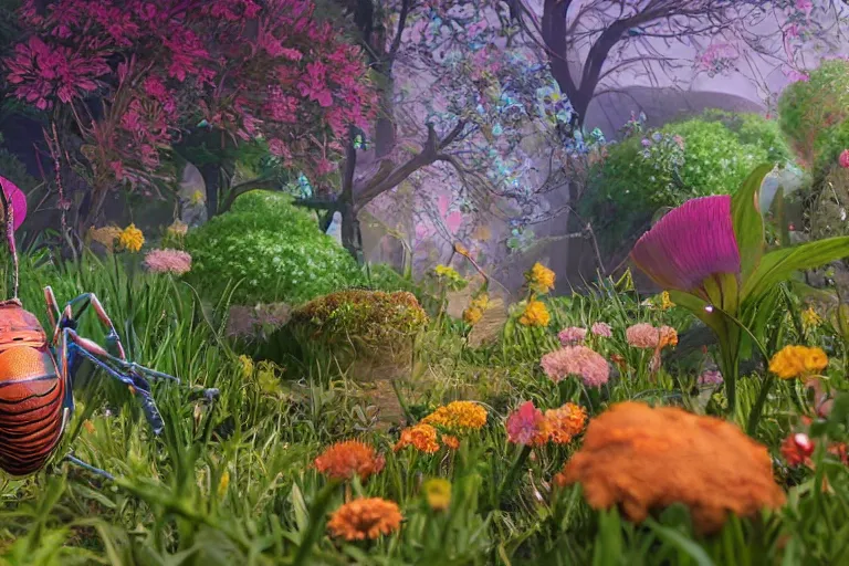 Image similar to super detailed color art, a lot of small garden flowers, A multiverse of insects and spiders, unreal engine, wes anderson color palette, 3d render, colorful, digital art