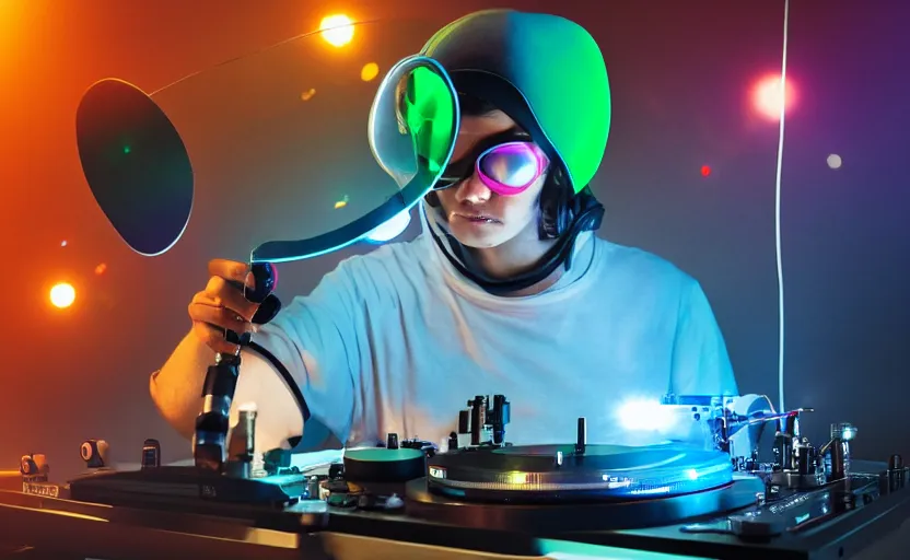 Image similar to a person wearing goggles and visor and headphones using a futuristic record player contraption, wires and tubes, turntablism dj scratching, intricate planetary gears, cinematic, imax, sharp focus, leds, bokeh, iridescent, black light, fog machine, hazy, lasers, hyper color digital art