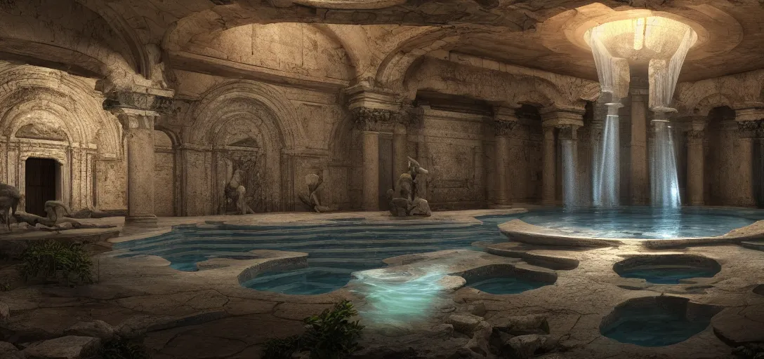 Image similar to dramatic view of underground roman cistern, glowing pool of water, ancient marble statues, unreal engine, dramatic lighting, detailed, ambient occlusion, global illumination, god rays, 3 d artstation render by greg rutowski and jessica rossier