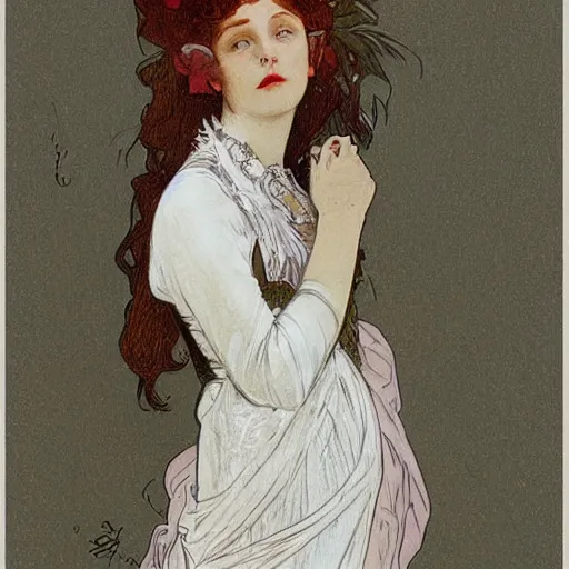 Image similar to a young edwardian woman wearing a white blouse and a grey skirt, in the style of mucha