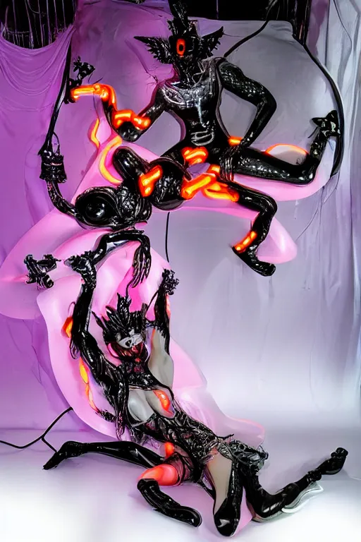 Image similar to full-body rococo and cyberpunk style neon statue of a muscular attractive Lunay macho dotado e rico android sim roupa reclining con las piernas abertas e la piroca dura, ethereal white dripping tar, glowing orange lasers, pink tigers, glowing eyes, silver prince crown, black gears, pink diamonds, swirling mint-colored silk fabric. futuristic elements. full-length view. human skulls. large intricate artwork by caravaggio. Trending on artstation, octane render, cinematic lighting from the right, hyper realism, octane render, 8k, depth of field, 3D