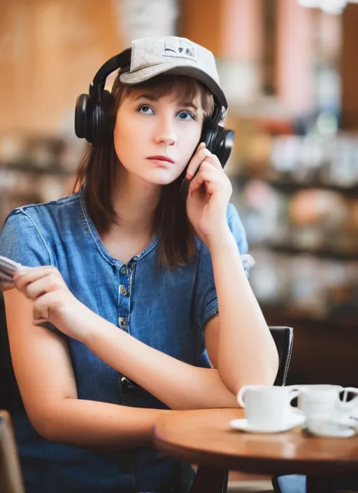 Image similar to young adult woman in a coffee shop wearing headphones looking bored, natural light, magazine photo, 5 0 mm lens