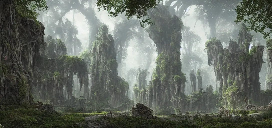 Image similar to gigantic palace-castle adorned pillars, towers, gnarly trees, lush vegetation, forrest, landscape, raphael lacoste, eddie mendoza, alex ross, concept art, matte painting, highly detailed, rule of thirds, dynamic lighting, cinematic, detailed, denoised, centerd