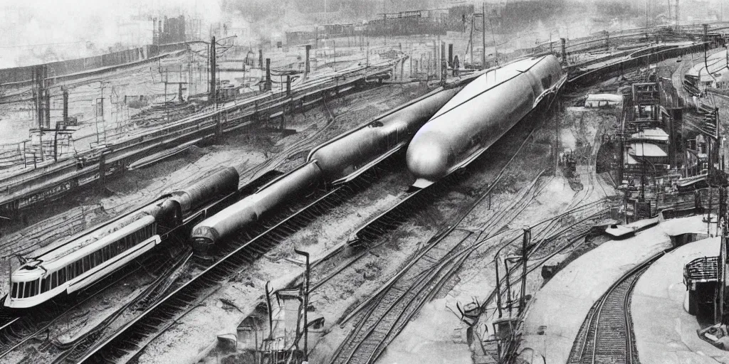 Image similar to wide angle view of streamline train speeding. futurism. industrial revolution and progress.