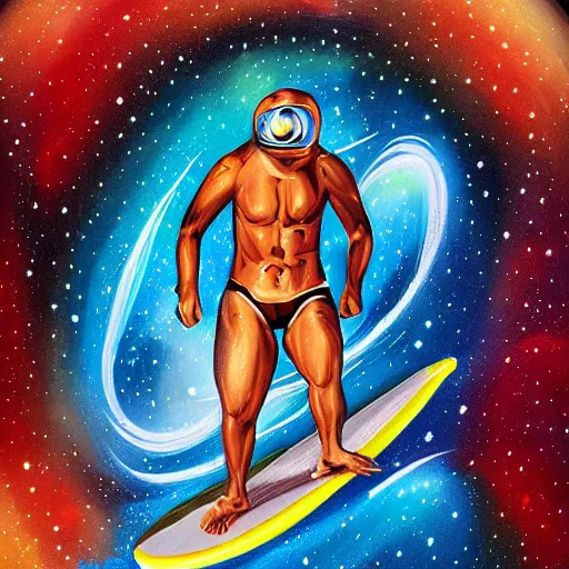 Image similar to surfer in space, intricate detail, airbrush painting, illustration,