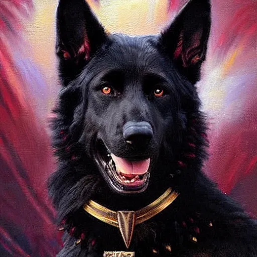 Prompt: a portrait of a black german shepard dogman canine star trek captain red shirt. highly detailed painting by gaston bussiere craig mullins jc