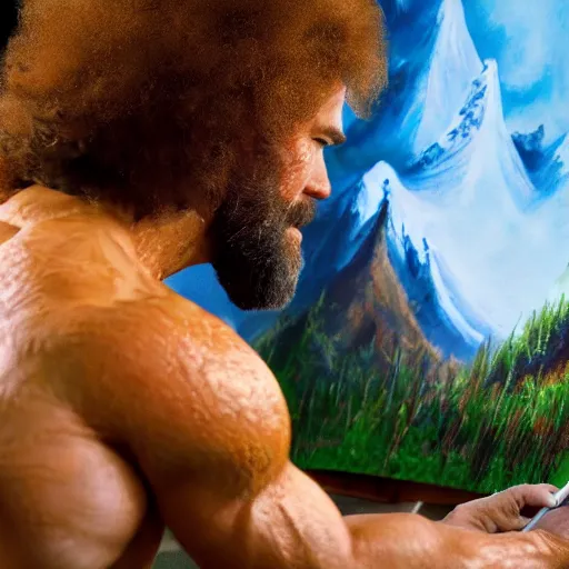 Image similar to a closeup photorealistic photograph of bob ross working on a canvas painting of aquaman. film still. brightly lit scene. mountains and trees. this 4 k hd image is trending on artstation, featured on behance, well - rendered, extra crisp, features intricate detail, epic composition and the style of unreal engine.