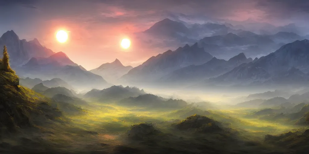 Image similar to large mountains in the distance, solar eclipse, landscape wallpaper, d&d art, fantasy, painted, 4k, high detail, sharp focus, artstation