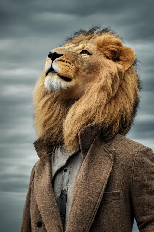 Image similar to Man with a head of a lion in jacket, XF IQ4, 150MP, 50mm, f/1.4, ISO 200, 1/160s, natural light, Adobe Photoshop, Adobe Lightroom, DxO Photolab, polarizing filter, Sense of Depth, AI enhanced, HDR