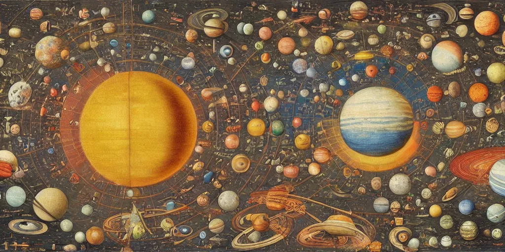 Prompt: the solar system in the style of heironymus bosch, intricate colorful masterpiece, hyper detailed, hd