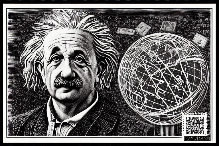 Prompt: an engraved portrait of albert einstein surrounded by intricate equations of theory of relativity, detailed!!! duotone engraving in the style of a postage stamp, freemason symbol, fine!!! lines, engraved by m. c. escher