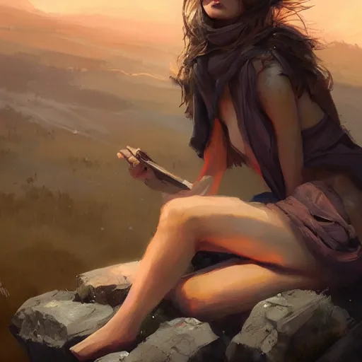 Prompt: a beautiful mage woman sitting on a rock watching explosions, expressive oil painting, by greg rutkowski, by wlop, trending on artstation, beautiful body, vivid composition