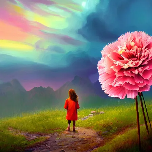 Image similar to giant carnation flower as a head, girl hiking in the mountains, surreal photography, sunrise, dramatic light, impressionist painting, colorful clouds, digital painting, artstation, simon stalenhag