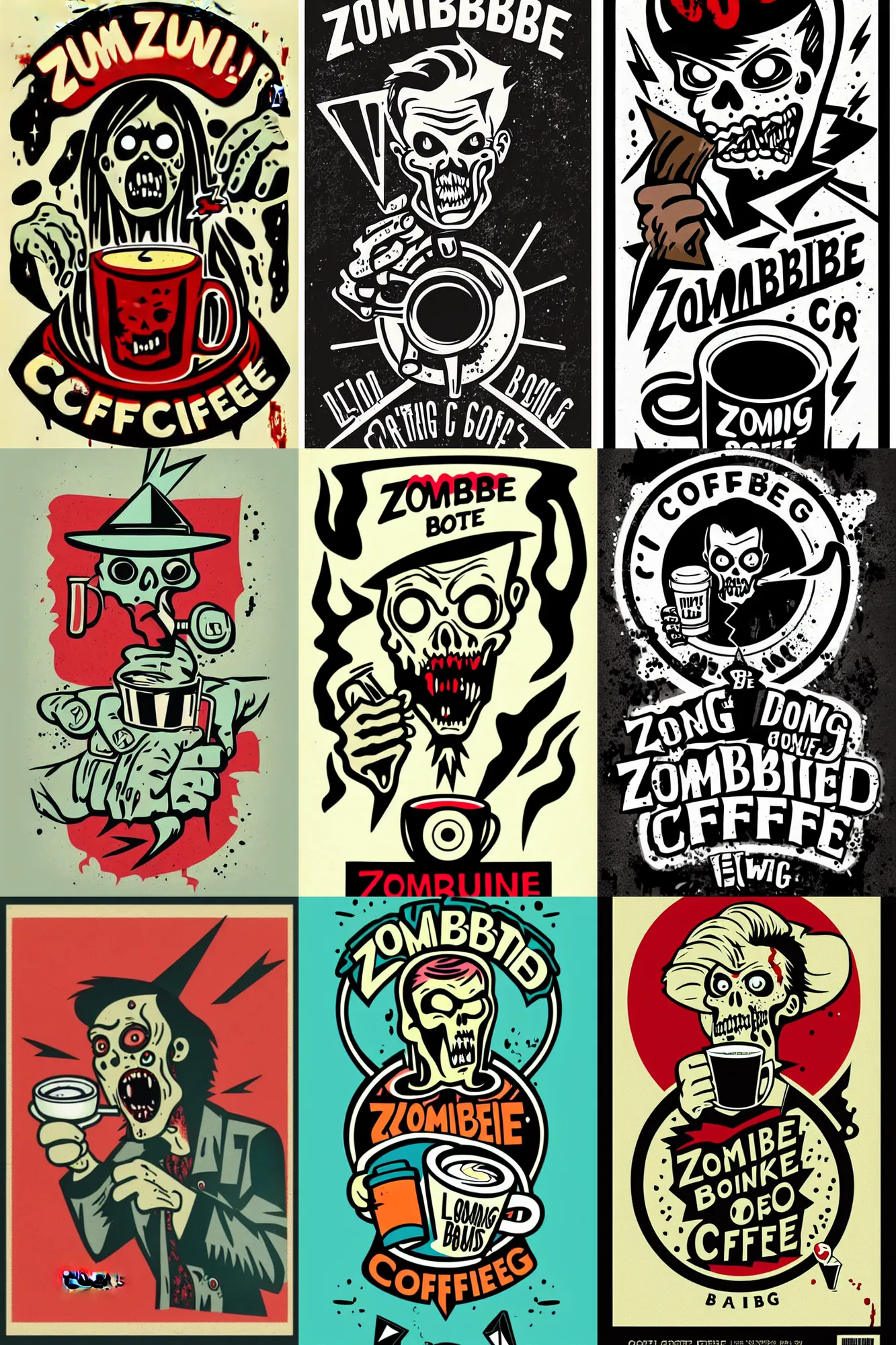 Prompt: zombie drinking coffee logo take away coffee by mcbess full colour print vintage colours lightning bolts 1 9 5 0 s