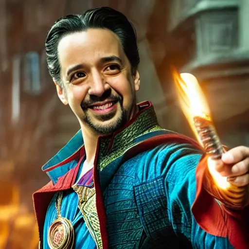 Image similar to A movie still of Lin-Manuel MIranda as Dr Strange, dynamic lighting, smiling, 8k, Heroic Pose, 2022 picture of the year