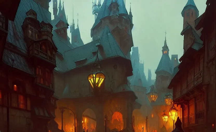 Image similar to an old medieval city with rainy atmosphere and moody and cinematic lighting by alphonse mucha, simon stalenhag and darek zabrocki, cinematic and atmospheric, concept art, artstation, trending on artstation