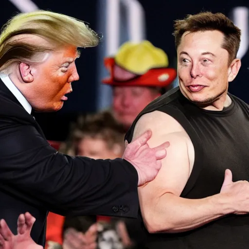 Prompt: elon musk and donald trump in a wrestling match