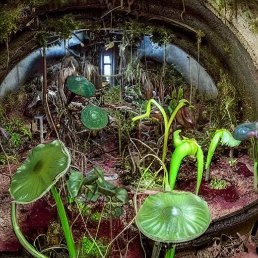 Image similar to abandoned, overgrown, underground bunker. giant mutated carnivorous plants, venus fly trap, pitcher plant, sundew plant.